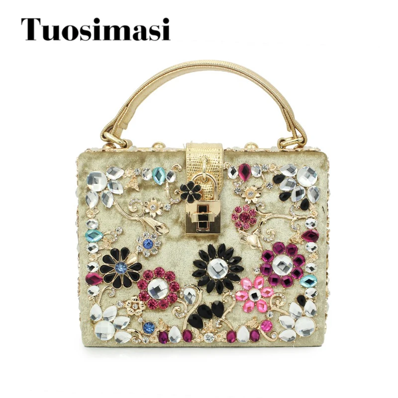 

gold velvet diamond crystal flowers luxury handbag evening bag clutch party purse messenger bag (C001)