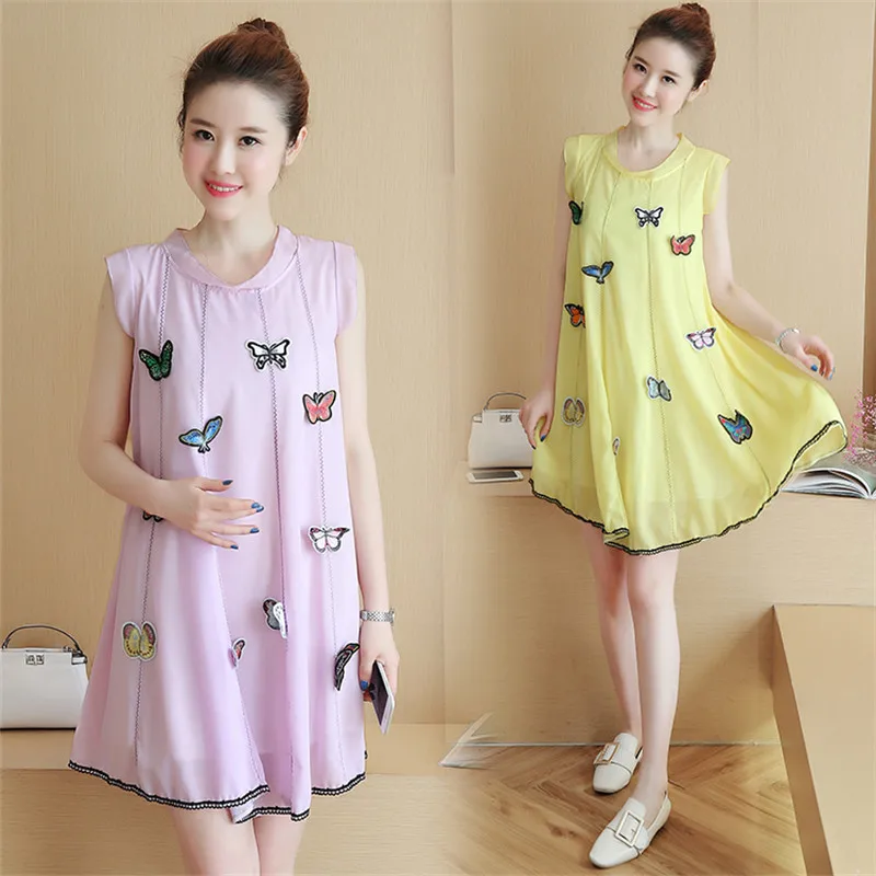 MLXSLKY Maternity Dress 2019 summer new fashion large size loose chiffon sleeveless sweet cartoon butterfly pregnant women dress | Мать и