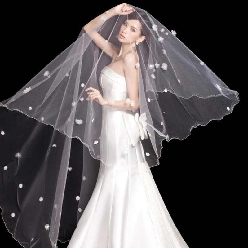 Мужская мода шелковый Veil Лонг Продольный цветок Свадебная Фата Свадебное Платье