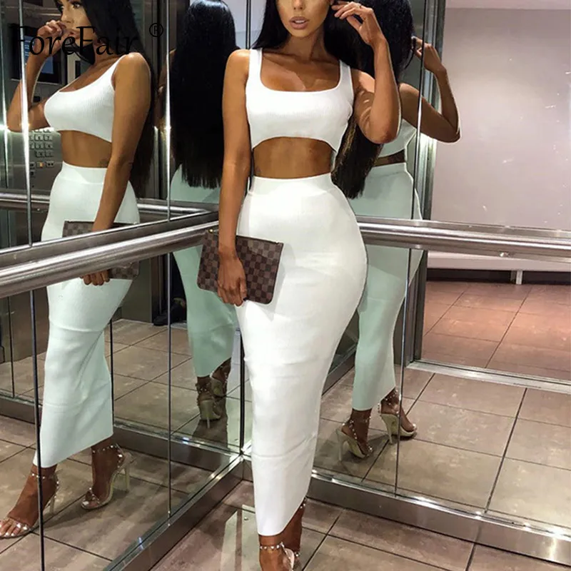 White Dress Forefair женское летнее платье из двух частей, неоновый розовый зеленый оранжевый с открытыми плечами, 2 предмета, вечерние, Клубные, ребристые, трикотажное, сексуальное, миди платье - Цвет: White Dress