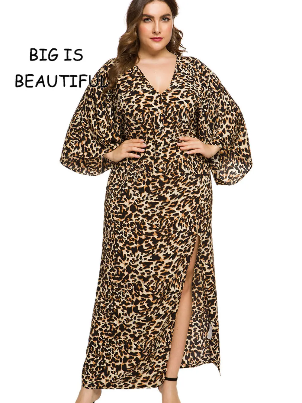 Plus Size Women Maxi Leopard Print Batwing Sleeve Dress Ladies Summer Long Large Vent Dresses Female 6xl Ankle Length | Женская одежда