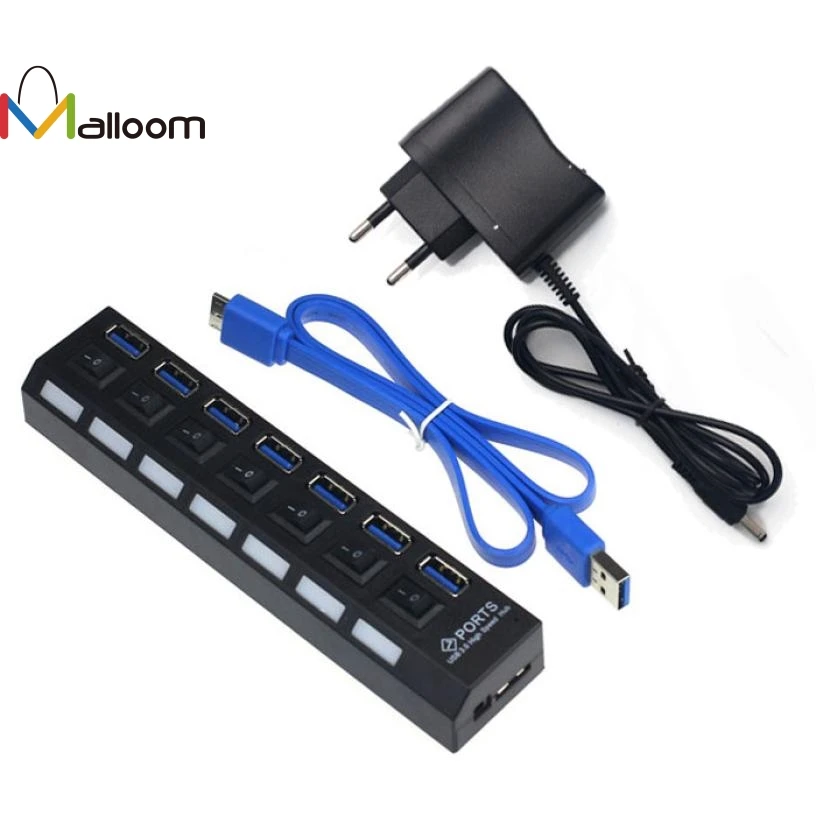 Malloom, Новое поступление, 7 портов, USB 3,0, концентратор, высокая скорость, с адаптером питания для ПК, ноутбука, ноутбука, бесплатный штепсельный адаптер# QD10LR12