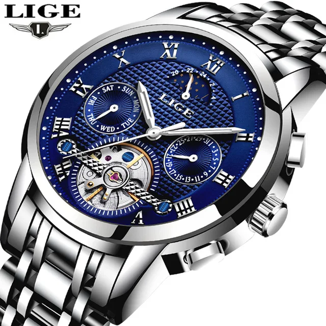 LIGE Luxury Brand Watch Men Casual Watches Mens Waterproof Automatic Mechanical Man Full Steel Sport Wristwatch 9851 | Наручные часы