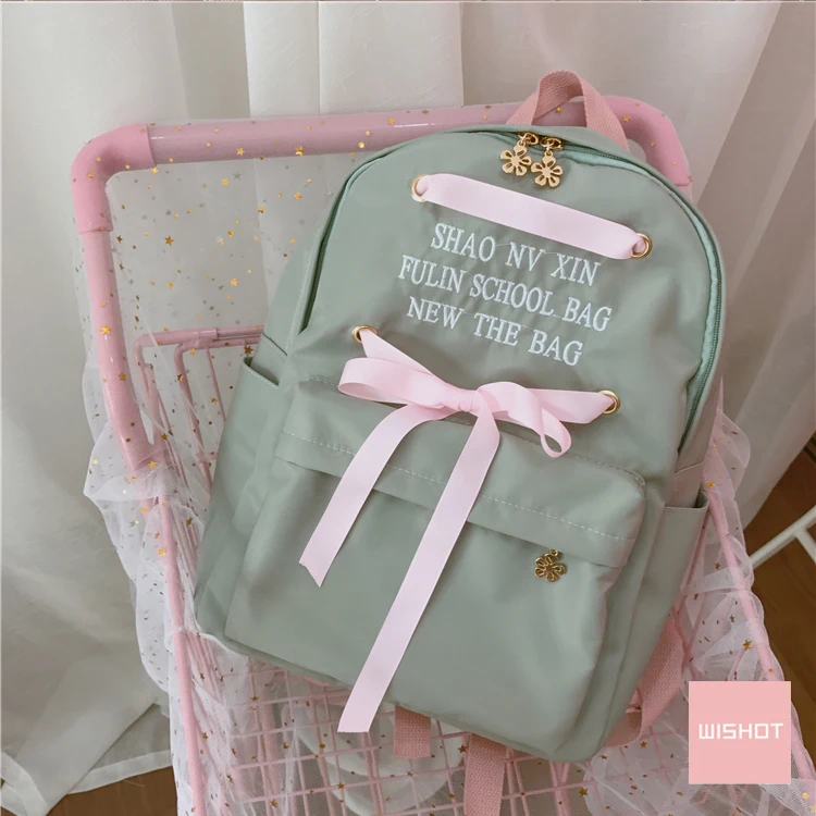 WISHOT лук рюкзак с завязкой дорожная сумка для подростков Kawaii девочек шелковая лента вышивка письмо милая розовая сумка