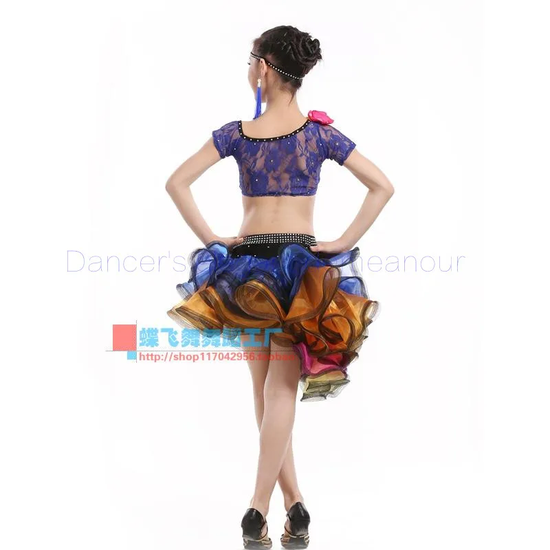 

New style girls latin dance costumes sexy senior lace short sleeves top+skirt 2pcs latin dance set for girls latin dance suits