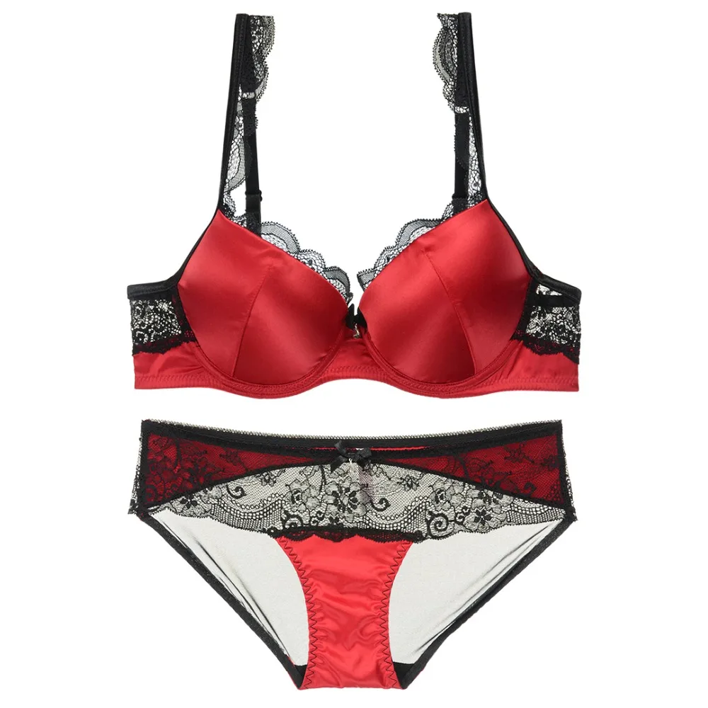 New silk lace women bra set push up intimates deep-v neck lingerie suit French ladies sexy underwear sets transparent panties | Женская