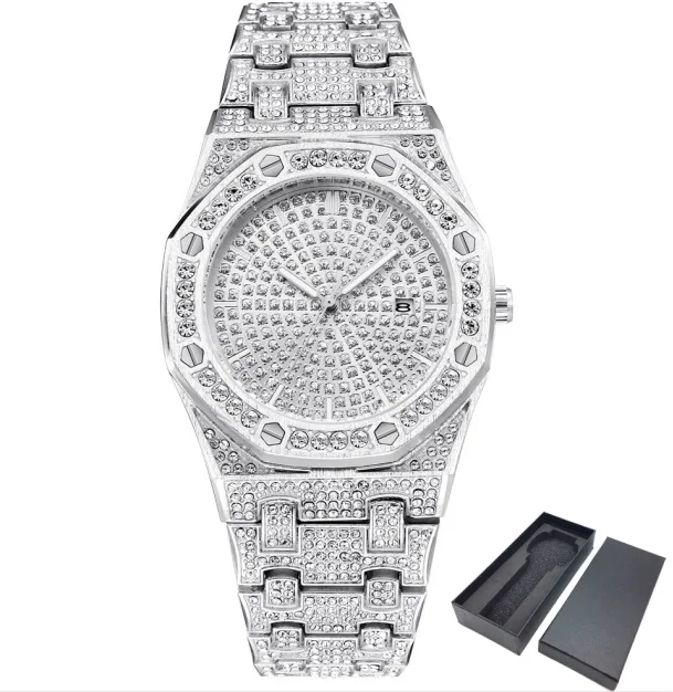 silver-box Шикарные бриллиантовые часы для мужчин Iced Out роскошные мужские s кварцевые часы мужские наручные часы серебро Нержавеющая сталь Relogio Masculino - Цвет: silver-box