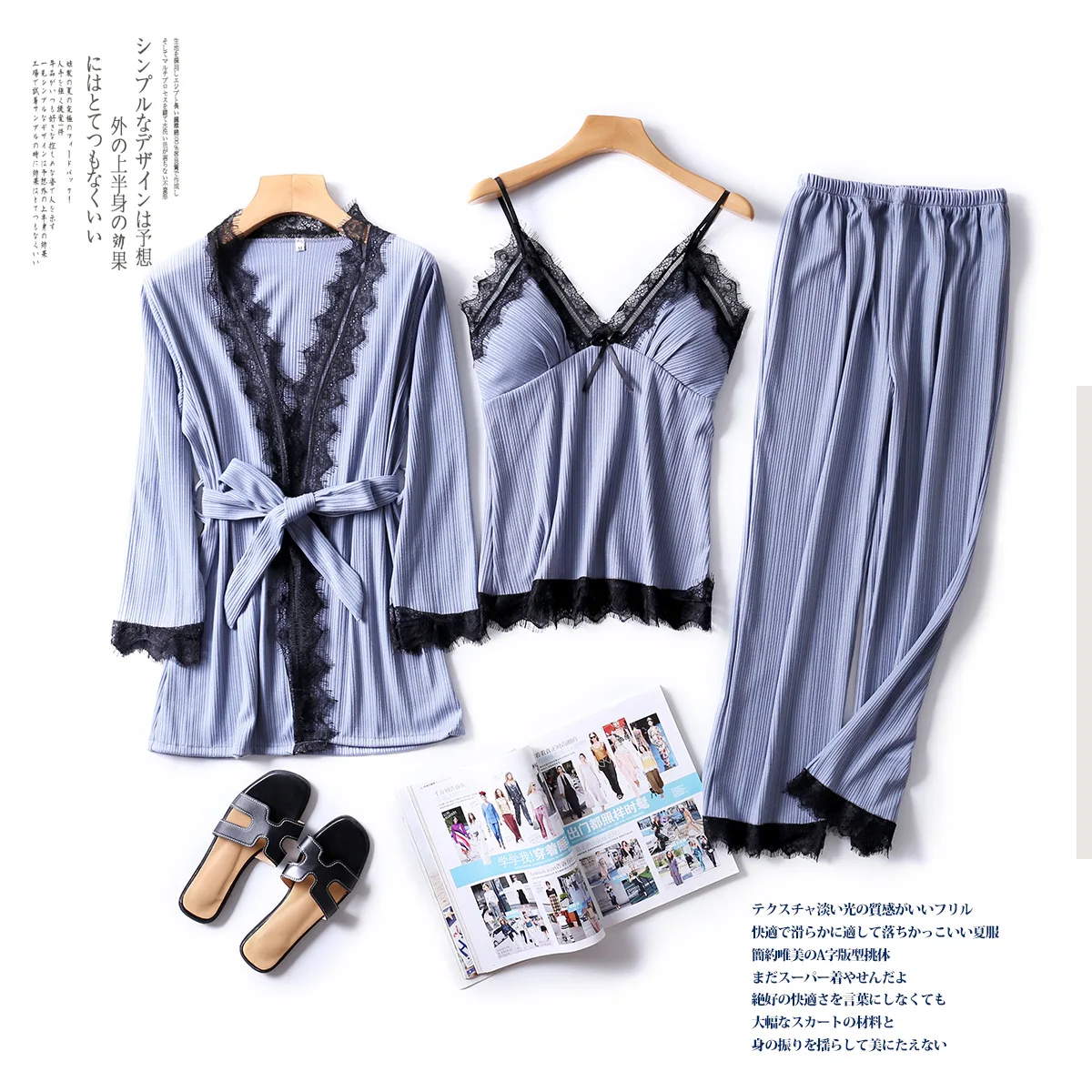 Blue Gray Осенний и зимний женский пижамный комплект из 3 предметов, пижама с длинным рукавом, комплект одежды для сна, сексуальный кружевной Халат+ майка+ длинные штаны, пижамный комплект с бюстгальтером - Цвет: Blue Gray