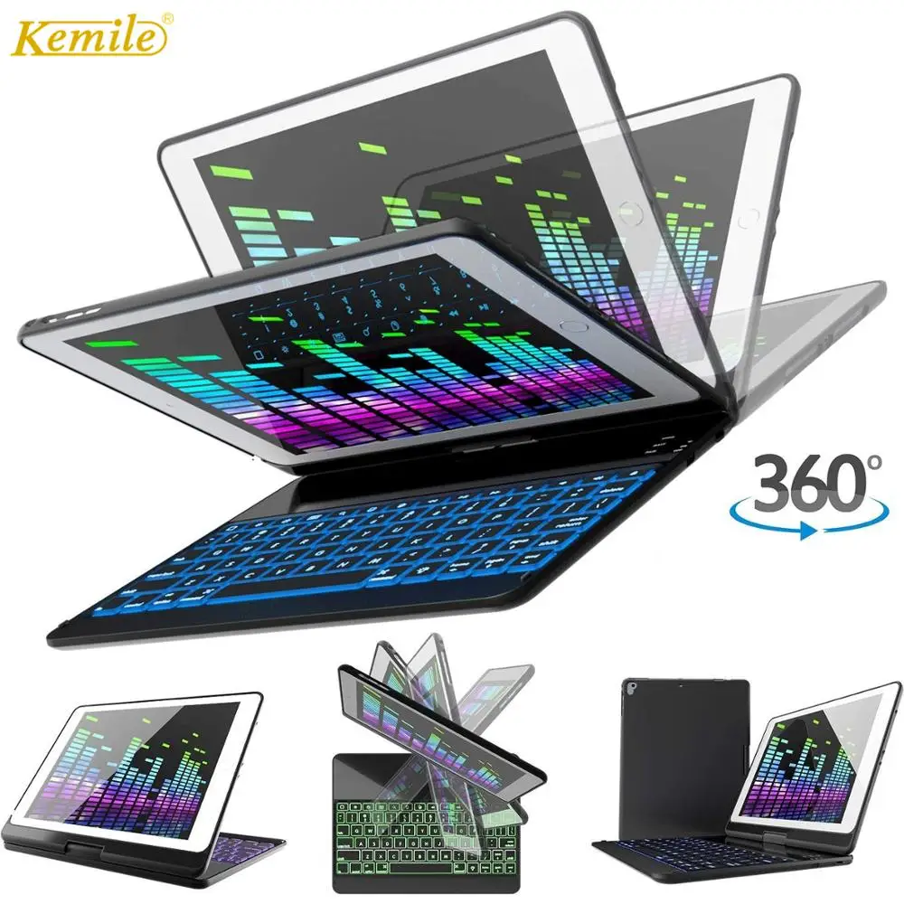 

Kemile 7 цветов с подсветкой Смарт 360 градусов вращающийся металлический беспроводной Bluetooth 3,0 клавиатура для ipad air 2 Чехол для нового ipad 2017