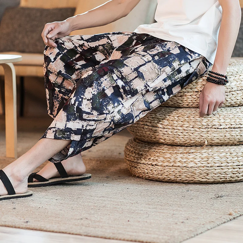2021 New Chinese Style Mens Cotton Linen Pants Male Summer Casual Calf-Length Man Pattern Print Baggy Loose Trousers | Мужская одежда