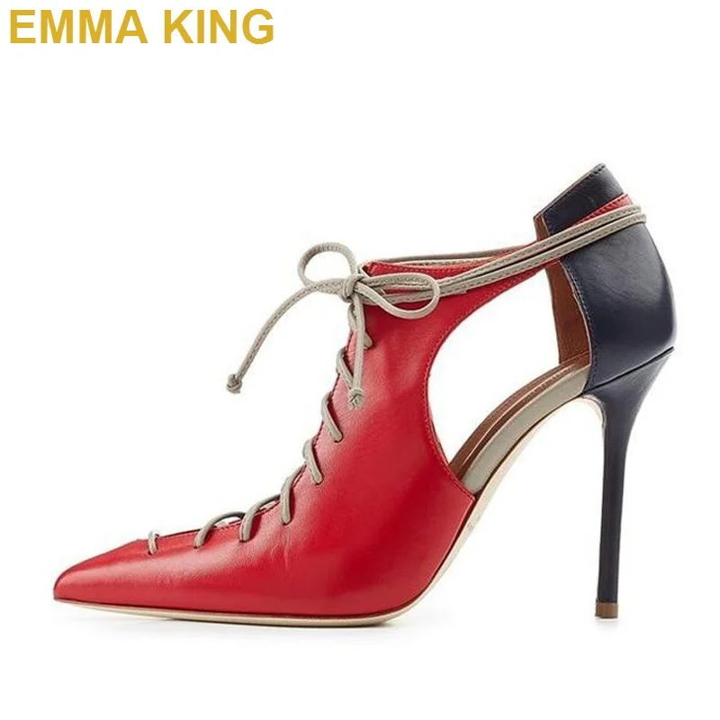 Murah Hollow Out Musim Panas Wanita Pompa Lace Up Kulit PU Hak Tinggi Ujung Runcing Wanita Kantor Hak Stiletto Sandal Sepatu Wanita 2019 Baru