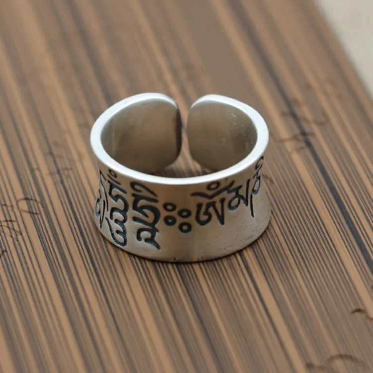 

Open Ended Tibetan Style Sanskrit Sterling Silver S999 Ring Men Retro Thai Silver Ring