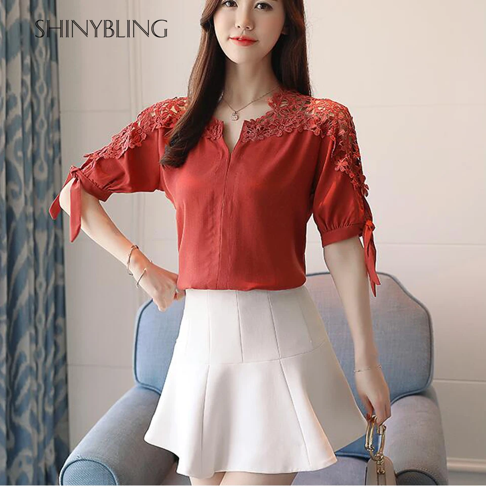 Shinybling Новый Для женщин блузки рубашка выдалбливают кружевная блузка Футболка