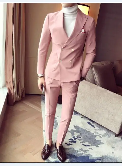 Розовый Смокинг talian Роскошный бежевый мужской костюм двубортный розовый Свадебные костюмы для мужчин английский стиль Slim Fit из двух частей дешевые костюмы - Цвет: Розовый