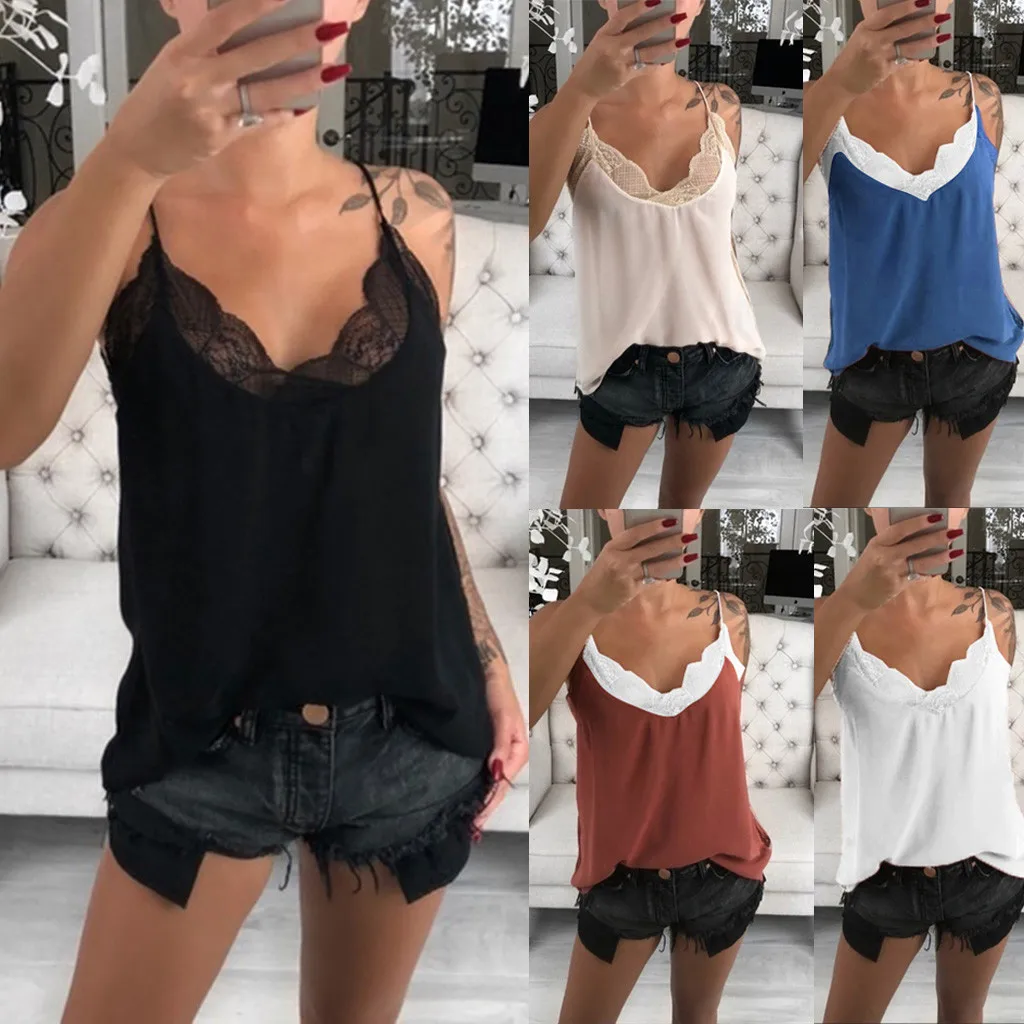 Strappy кружево лоскутное топики женские летние модные футболки без рукавов для женщин Футболка бретели Танк сексуальный жилет дамы же