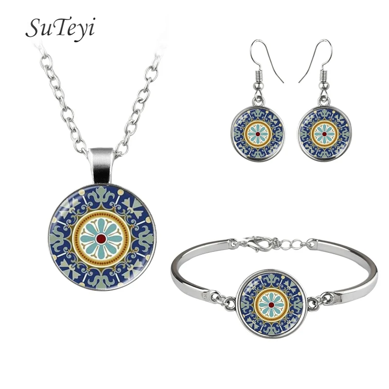 SUTEYI Мода ожерелье серьги браслет Ювелирные наборы с изображением цветка мандалы