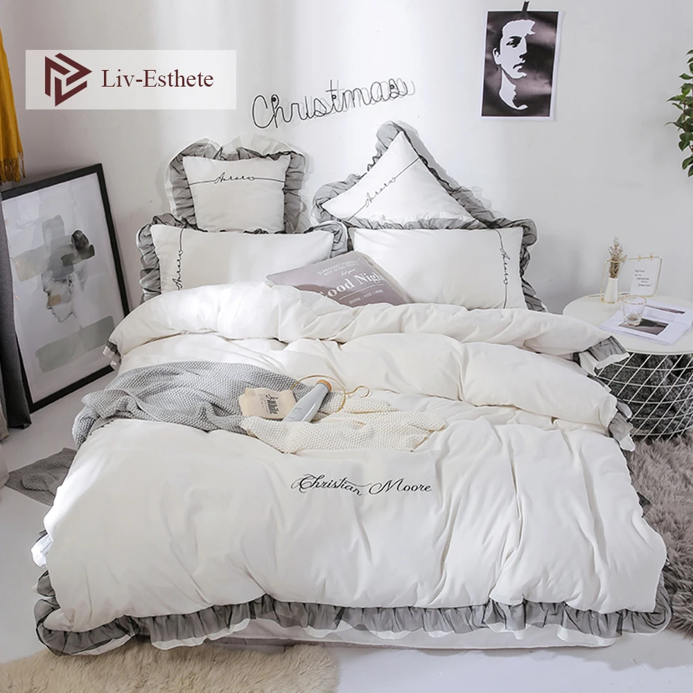 

Комплект постельного белья Liv-Esthete белого цвета, кружевной пододеяльник, простыня, двуспальное и двуспальное постельное белье, подарок для д...
