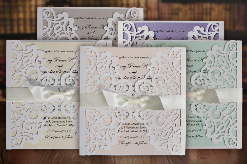 

White Wedding Invitations Cards with Ribbon Bows - Set of 50