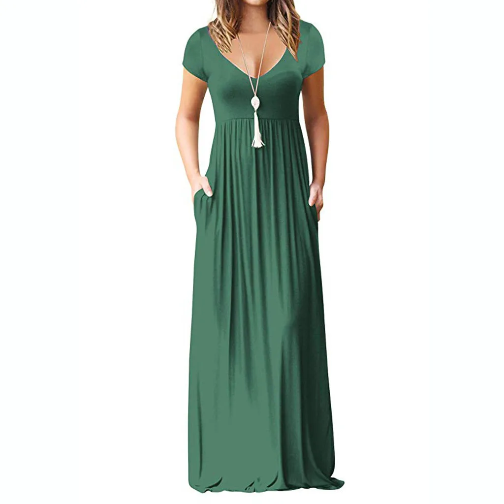 Summer Maxi Long Dress Women Femme Boho Dresses Plus Size Casual Pockets Short Sleeve V-neck Solid Vestidos S-2XL | Женская одежда