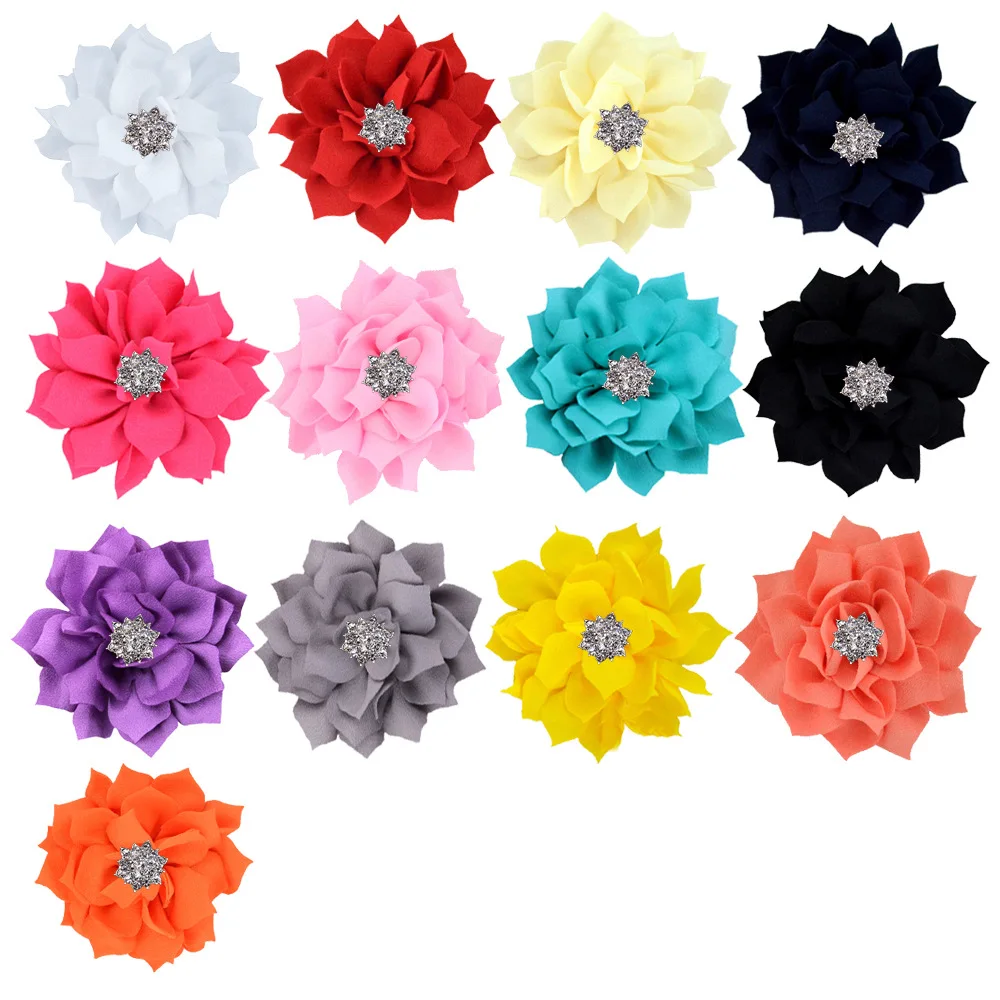 

Nishine 5pcs/lot Fabric Lotus Flower With Rhinestone Button Hair Accessories for Kids Women DIY Hair Flower Party Decoration