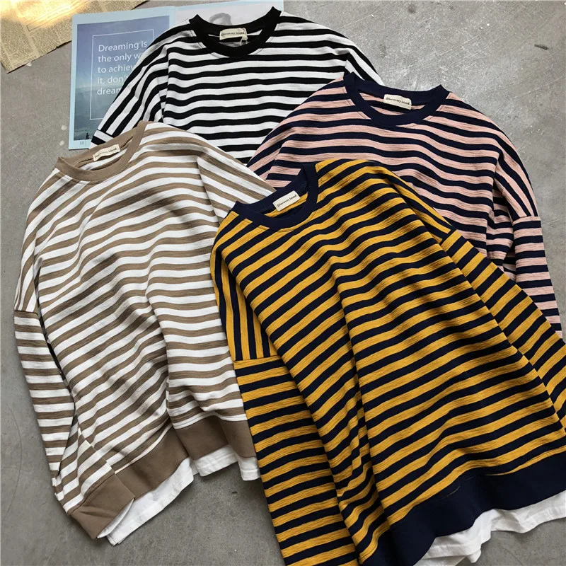 

New Spring Autumn Casual Fake two piece Striped Sweatshirts Women O-Neck Patchwork Loose Sweatshirt All-Match Pullover Tops M467