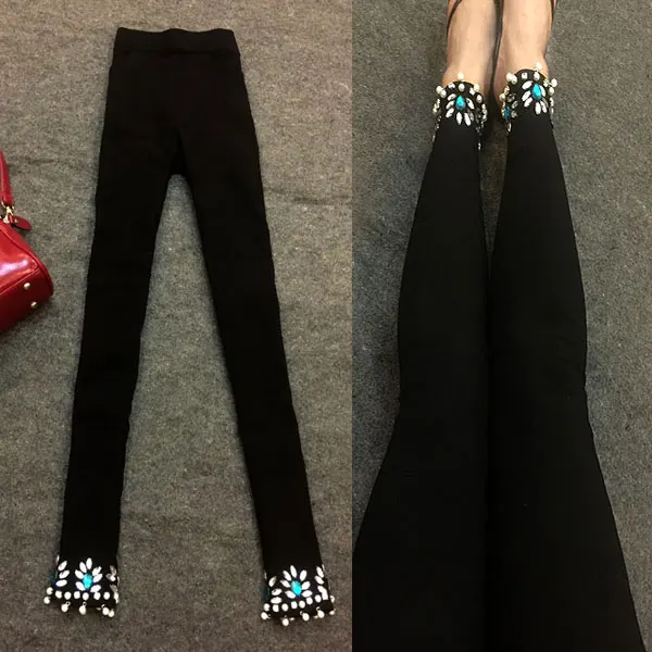 Женские облегающие леггинсы до щиколотки стразы с жемчужинами в национальном
