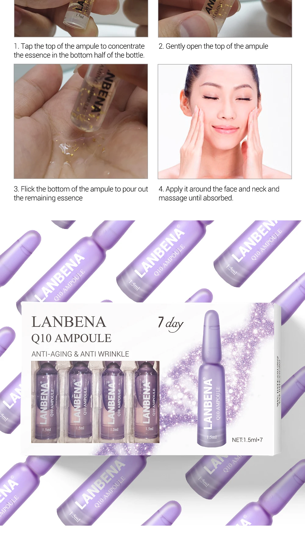 2 коробки/14 шт. LANBENA Q10 анти-против старения морщин ампулы Сыворотка для подтяжки лица лифтинг укрепляющий увлажняющий уход против мимических морщин