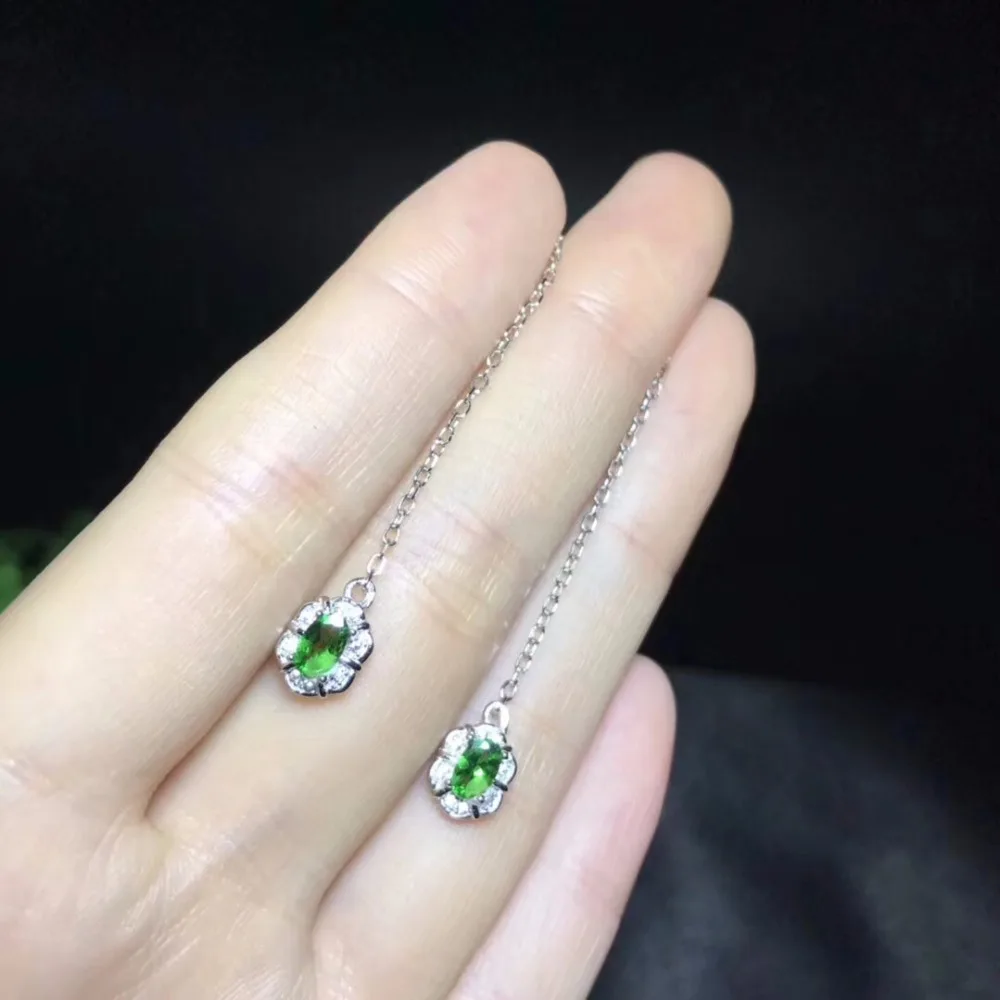 Женские серьги-капли Uloveido серебро естественный диопсид пробы 4 Х6 мм х2 шт.