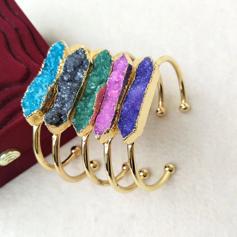 

5Pcs Natural druse Druzy Geode Quartz Stone Cuff Bangle Handcuff Gold color Electroformed Drusy Bracelets Jewelry BG39