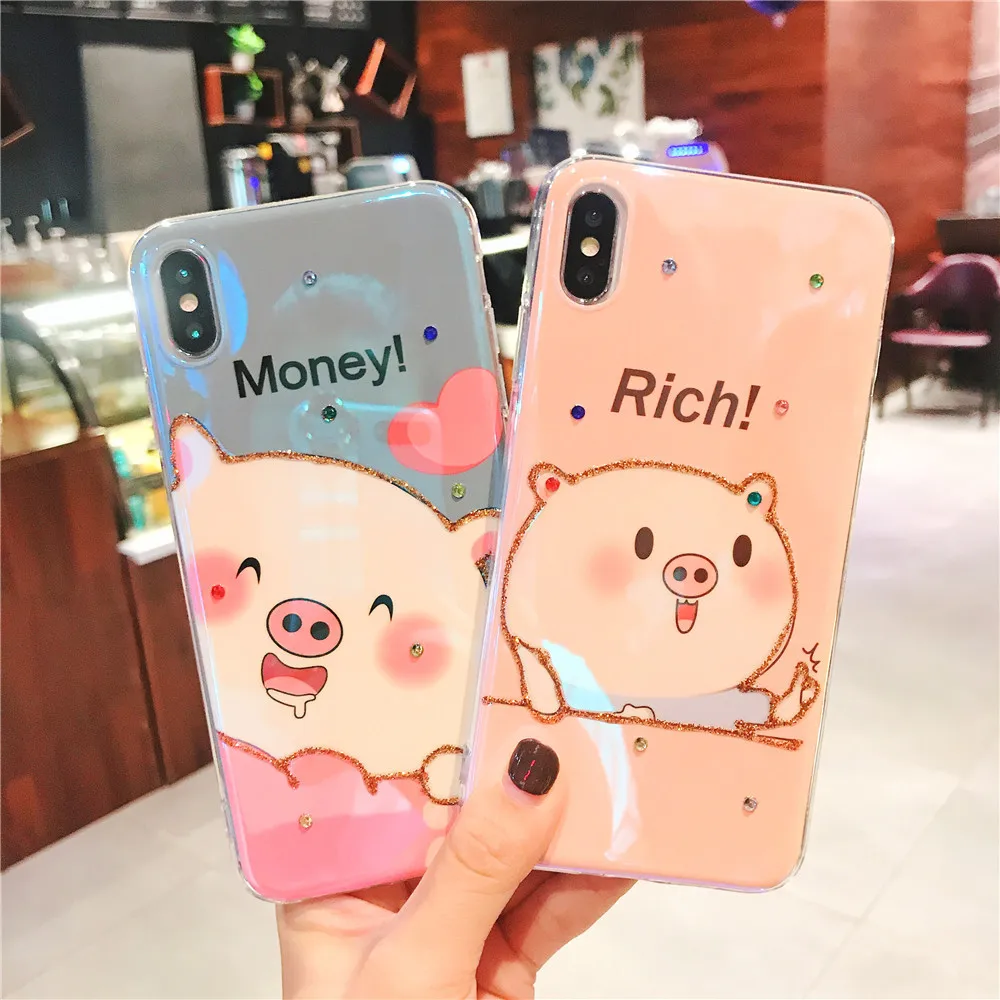 Rich pig cartoon cute glitter with drill phone cases for iphone 7plus/8plus/x/xs/xr/xs max case New couple |