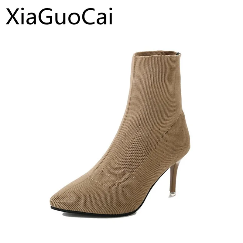 

Winter Knitted Wool Women Socks Boots High Heel Female Ankle Boots Women's Thin Heels Chelsea Boots Elastic Shoes