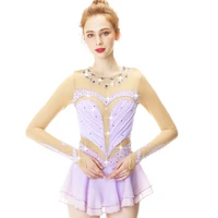 lilac colour crystal drill wide collar and long sleeve figure skating dress figure skating performance skirt