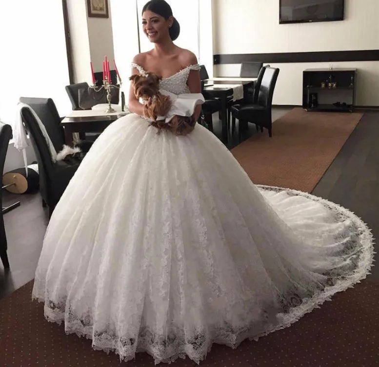 

Robe De Mariage Lace Ball Gown Wedding Dress Pearls Bridal Gowns V-Neck Off the Shoulder Vestido De Noiva Casamento