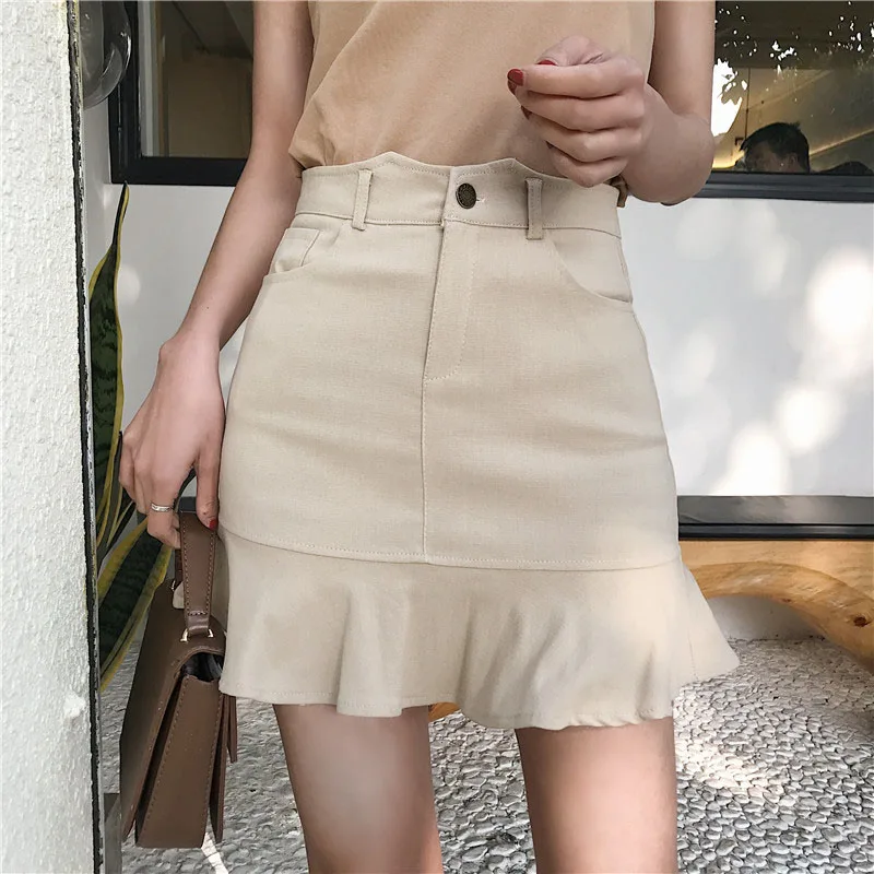 light khaki Уличная одежда, летние мини юбки, женские сексуальные юбки с высокой талией и оборками Harajuku размера плюс, Корейская женская юбка jupe femme - Цвет: light khaki