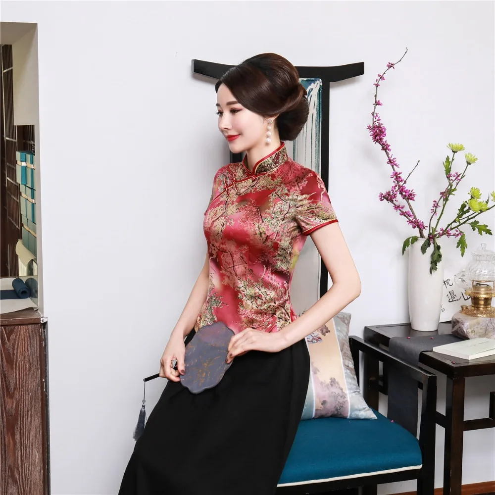 Шанхай история цветочный Cheongsam рубашка Qipao топ с коротким рукавом Китайский традиционный топ из искусственного шелка китайская блузка для женщин