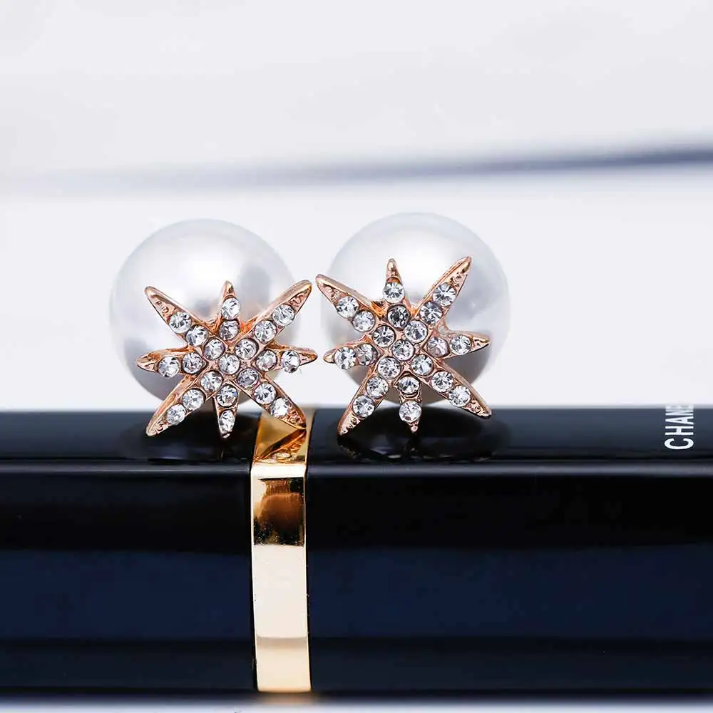 2016 Hot Sale Rhinestone Snowflake Imitation Pearl Double Sided Stud Earrings Fashion Fine Metal Geometry Star Removable Earring | Украшения