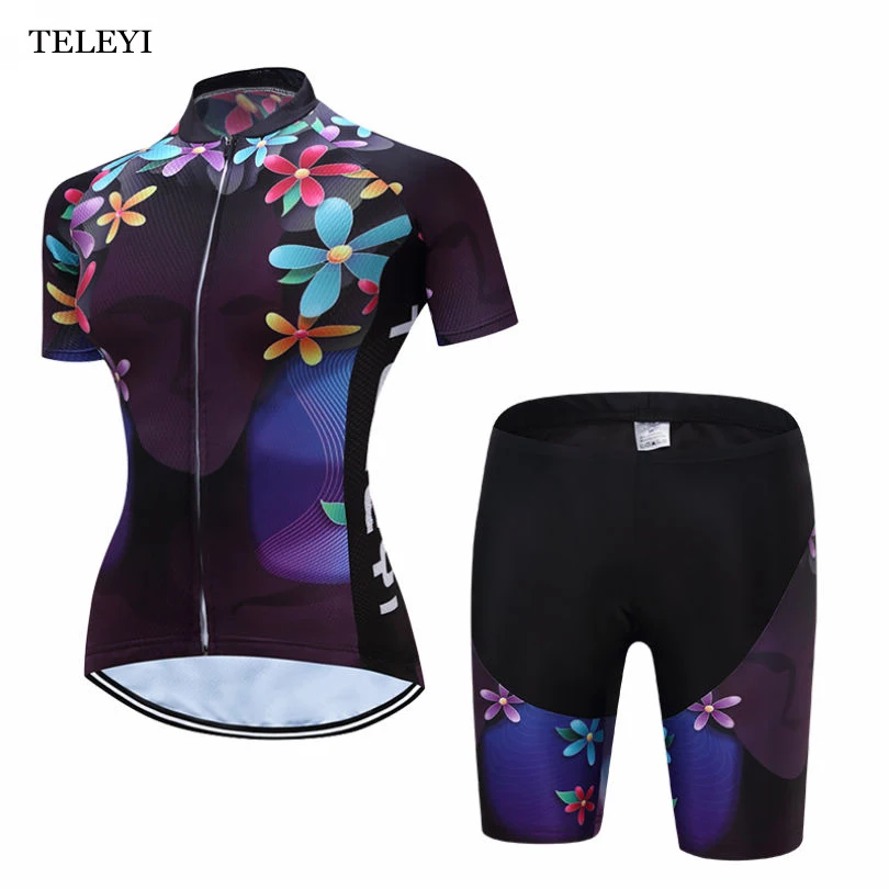

TELEYI Team Ropa Ciclismo Cycling Jersey Women Bike Bicycle Outdoor Sports Wear Shirt Short Sleeves Tops Bib Shorts Set Purple