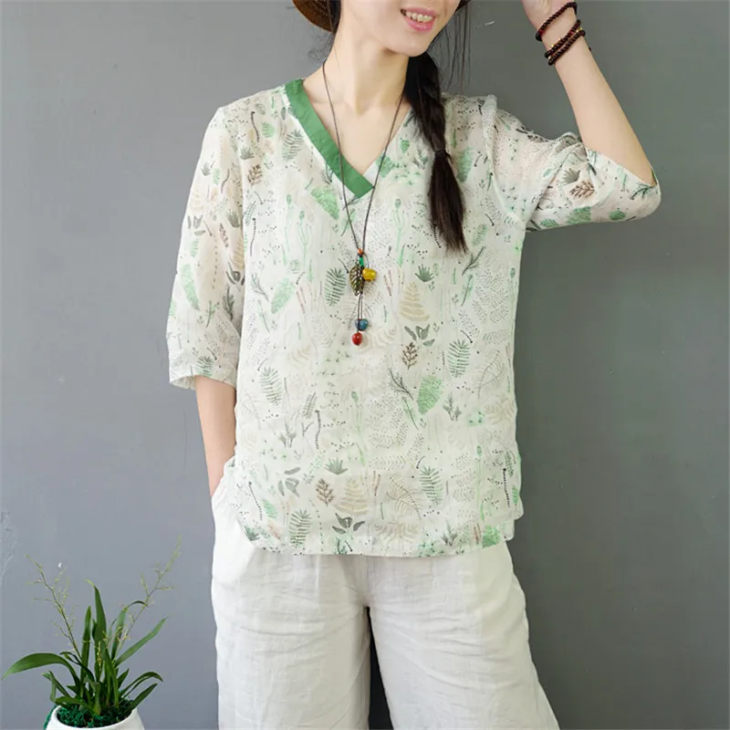 Green SCUWLINEN, женские летние рубашки, винтажный принт, v-образный вырез, пэтчворк, короткий рукав, свободная тонкая рами блузка, женские топы, Vestidos S867 - Цвет: Green