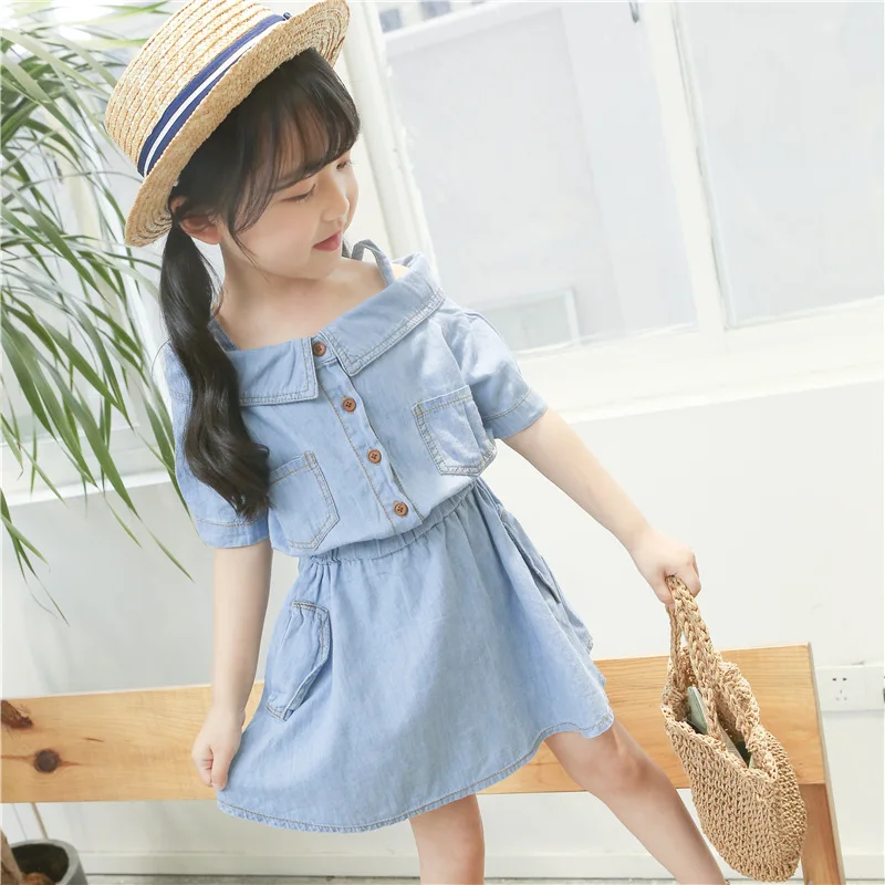 Summer Children Girls Strapless Dress Kids Shoulderless Denim Toddler Cowboy Patchwork Dresses Baby Clothes 2018 New | Детская одежда и
