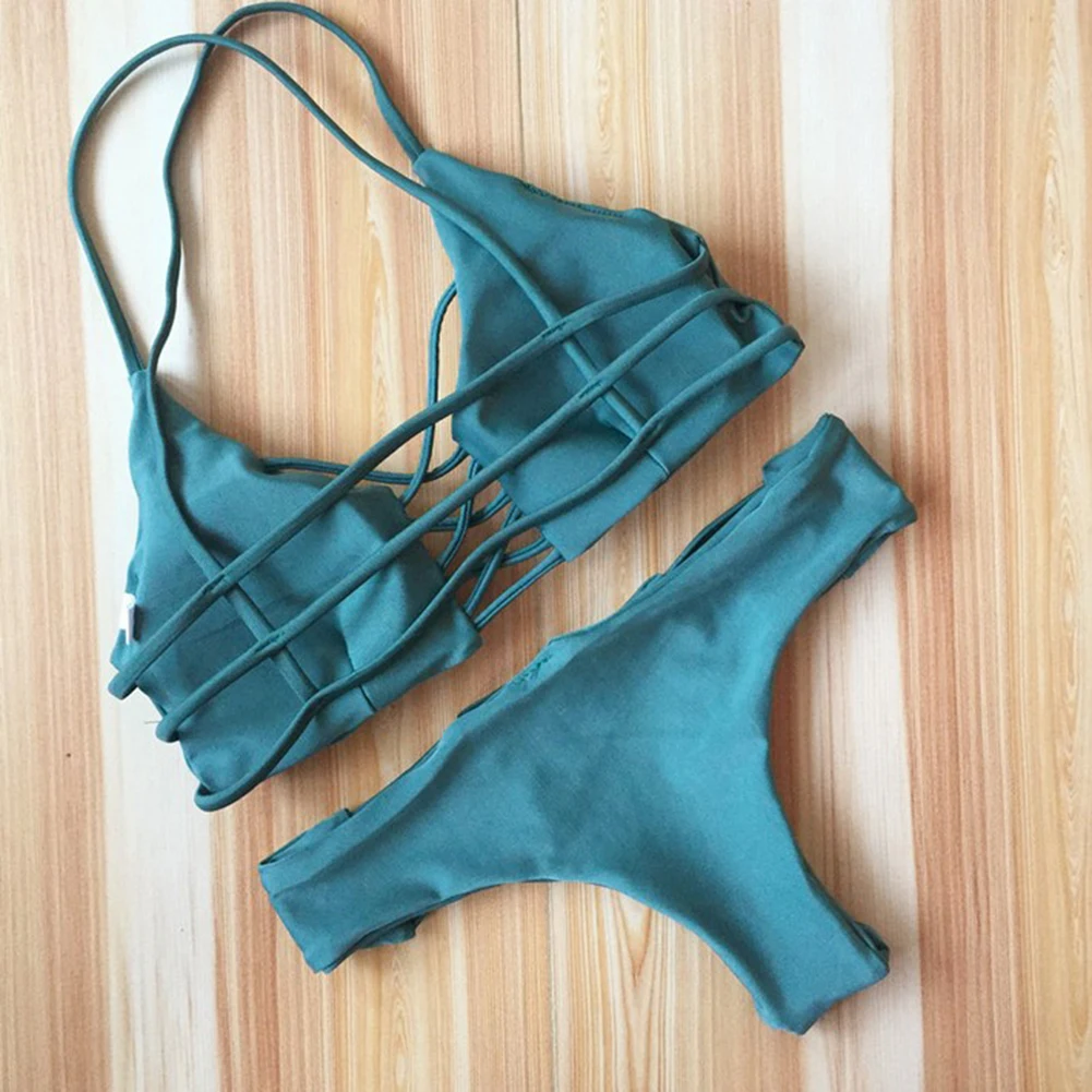 Женский купальник 2017 бикини зеленого цвета комплект из 2 предметов бандажные