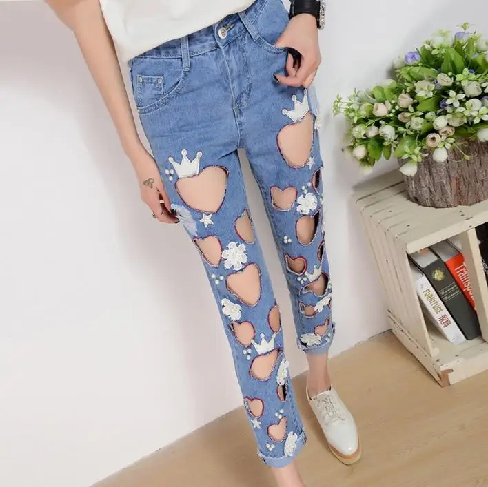 hole harme Jeans Women Loose Pants Embroidered Love hollow denim capris |