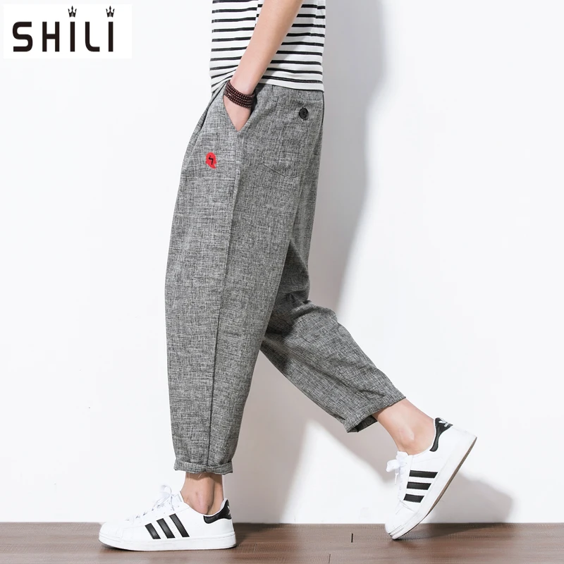 Мужские повседневные льняные брюки однотонные тонкие дышащие джоггеры