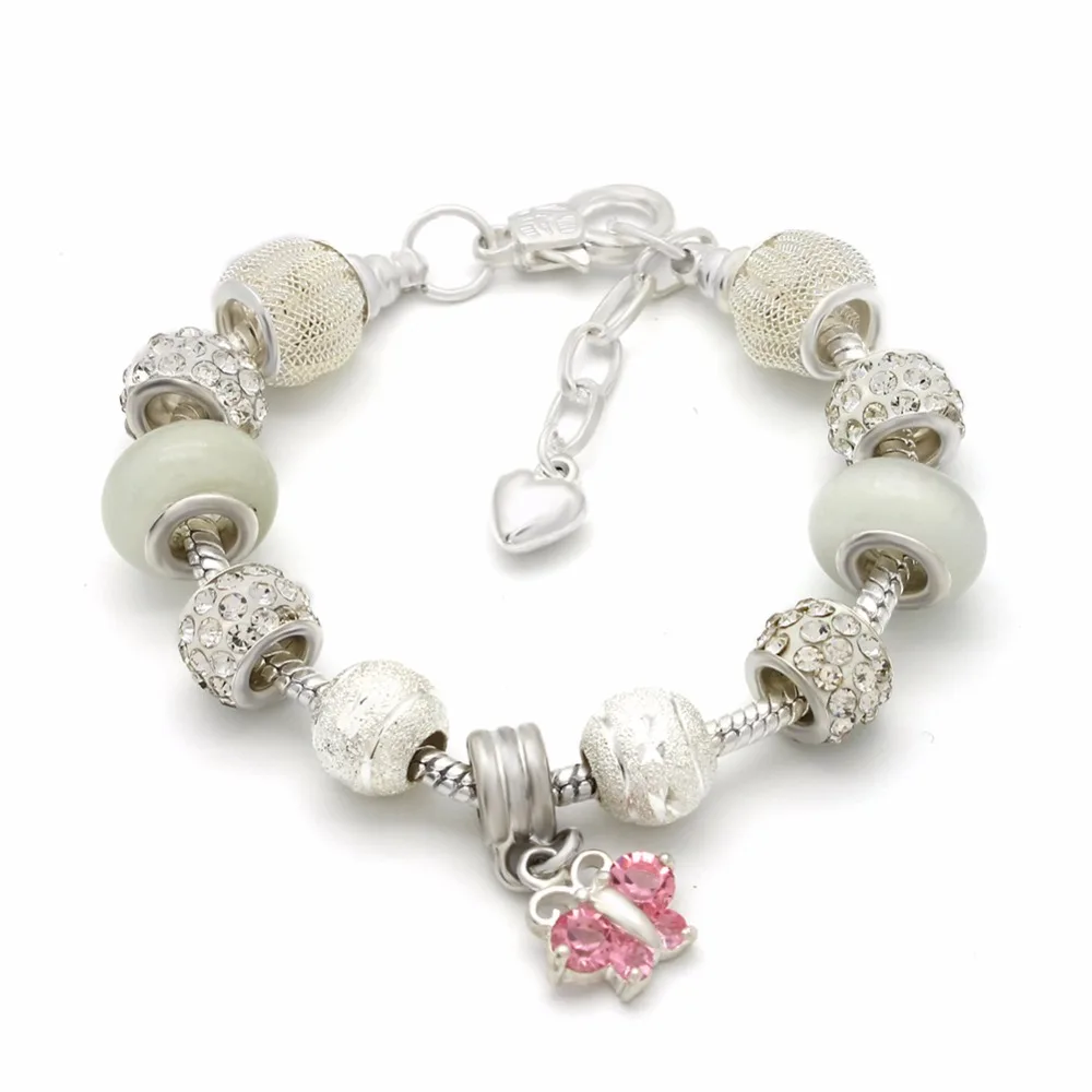 Белый DIY бусы браслет для женщин Посеребренная Кристалл Rhinestone Бабочка модные