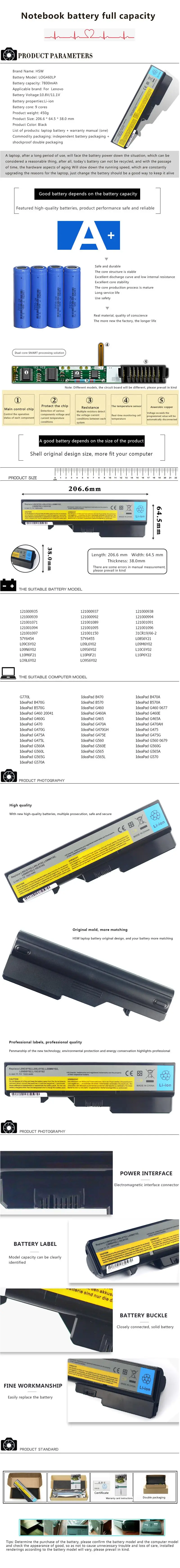 HSW ноутбук Батарея для lenovo IdeaPad G460 G560 V360 V370 V470 B470 G460A G560 Z460 Z465 Батарея Z560 Z565 Z570 LO9S6Y02 Батарея