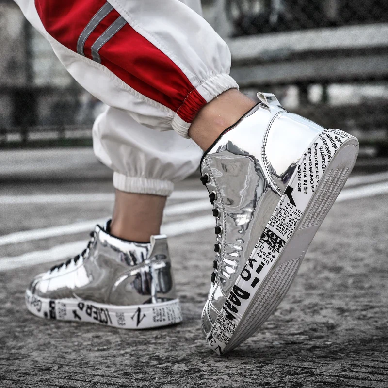 zeeohh Unisex Glitter Nightclub Men Youth high tops Couple Shoes Head Flats Gold Patent Leather Casual Loafers Male botas | Обувь