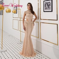 new arrival vintage style heavy major beaded evening dresses long cap sleeves champagne mermaid dress evening party gown