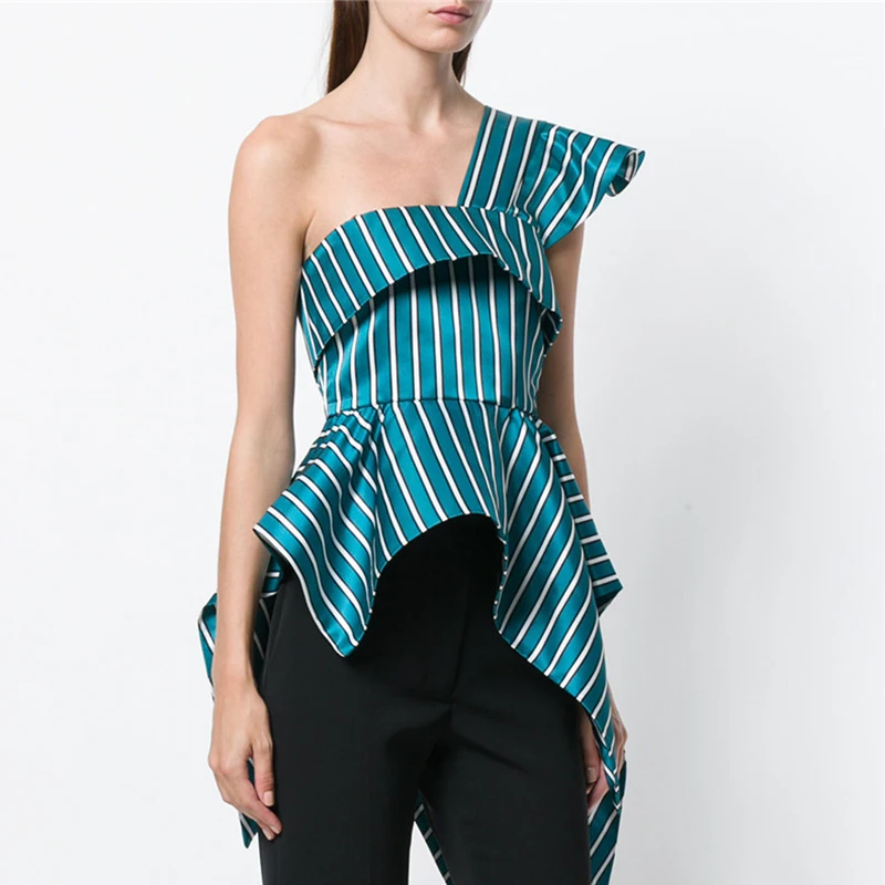 High-end Custom Striped Irregular Shirt Off Shoulder Ruffles Backless Tunic Zipper Blouse Female 2019 Summer Fashion Clothing | Женская