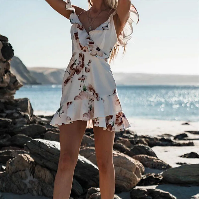 

Women Summer Dress 2019 Printed Dress Off Shoulder Boho Party Beach Mini Dress Sexy Ladies Sleeveless V-Neck Holiday Sundress
