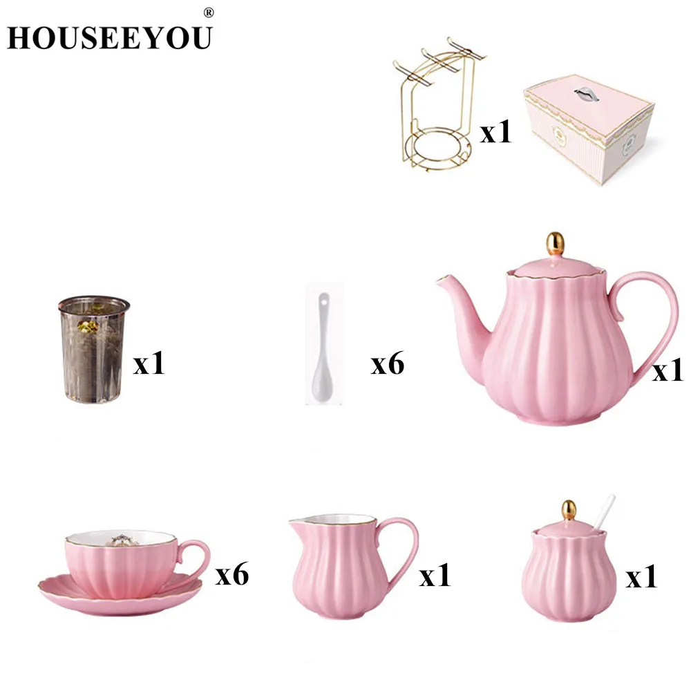 17pcs Краткое British костяного фарфора тыква полоса посуда для напитков керамическая кофейная чашка кружка с молоком чайник Блюдце Ложка Позолоченный Комплект полок набор - Цвет: 17pcs