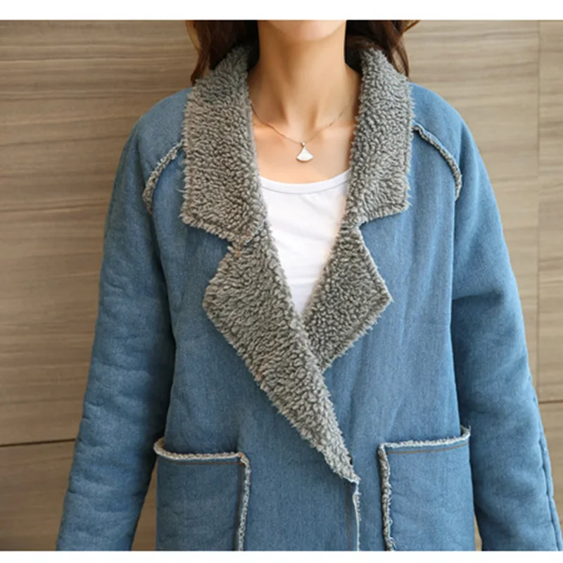 2019 Женская мода ягненка джинсовая куртка теплые пальто женские зимние большой